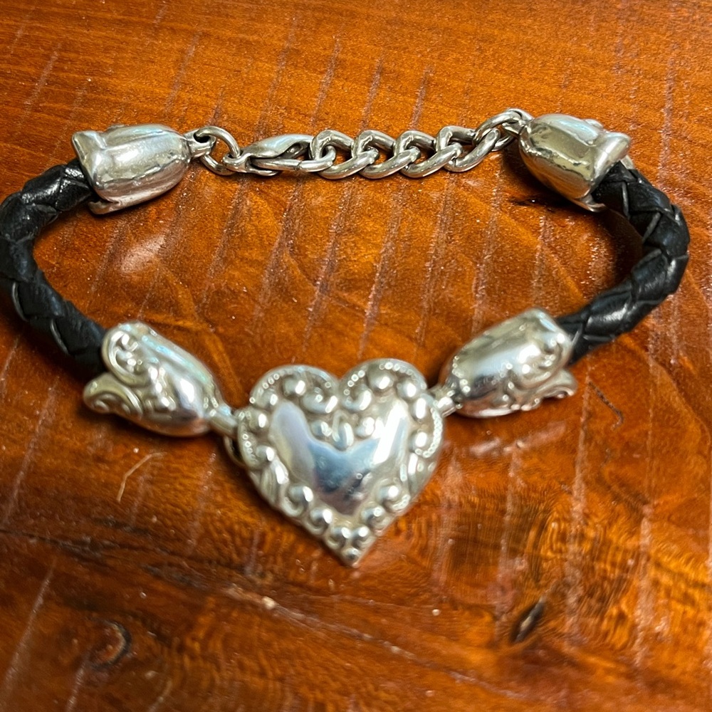 Retired Vtg Brighton Silver Heart Bracelet with Black Braided Leather band